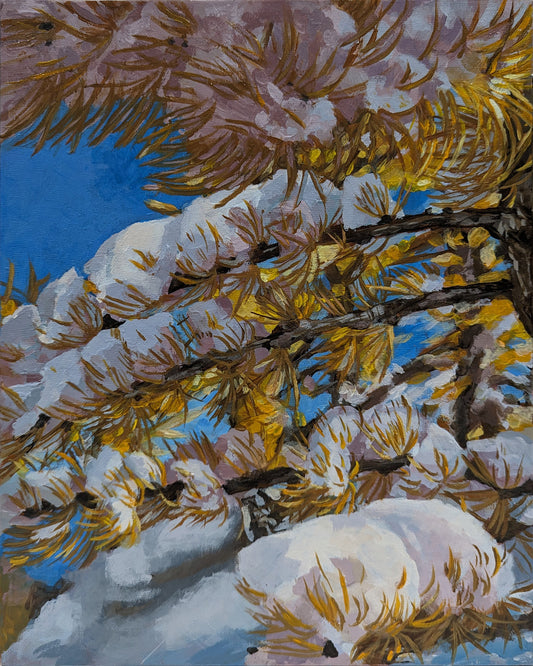 snowy yellow larches acrylic painting