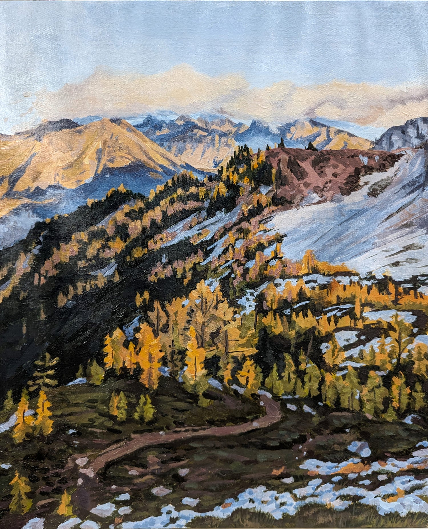 painting of a mountainous area of yellow larches against blue and green mountain during sunrise 
