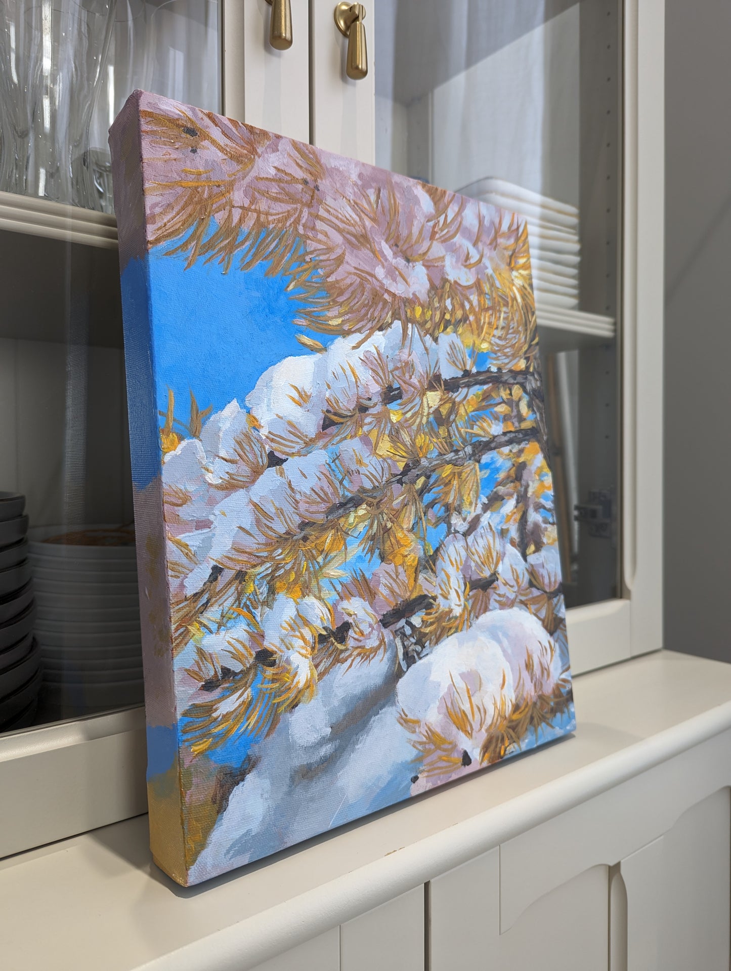 snowy yellow larches acrylic painting