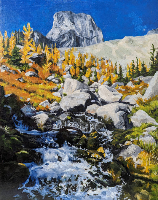 acrylic painting of a mountain surrounded by larches and stream of water