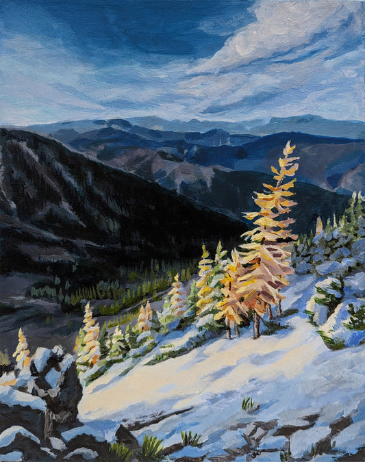 acrylic painting of yellow snowy larches against the cold mountain peaks.