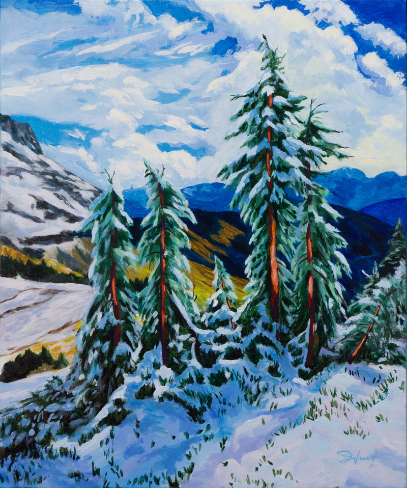 A colorful landscape painting of snow-covered pine trees in a mountain setting under a dramatic blue and white sky.